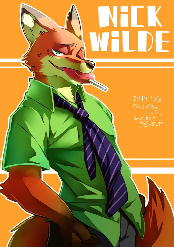 anthro candy dessert food fur green_eyes lollipop looking_at_viewer male necktie orange_body orange_fur solo kenn disney zootopia nick_wilde canid canine fox mammal red_fox true_fox 2017 hi_res