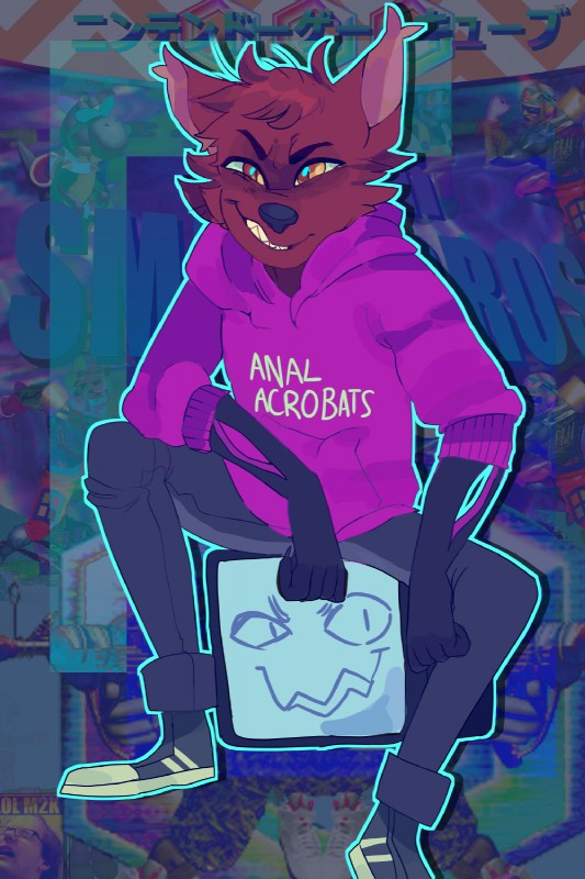 anthro bottomwear claws clothing denim denim_bottomwear denim_clothing footwear fur hair hoodie jeans looking_at_viewer male orange_eyes pants red_body red_fur red_hair sharp_teeth shoes slogan smile sneakers snout solo teeth text topwear yellow_eyes unknown_artist pyrocynical canid canine fox mammal 2:3 english_text hi_res