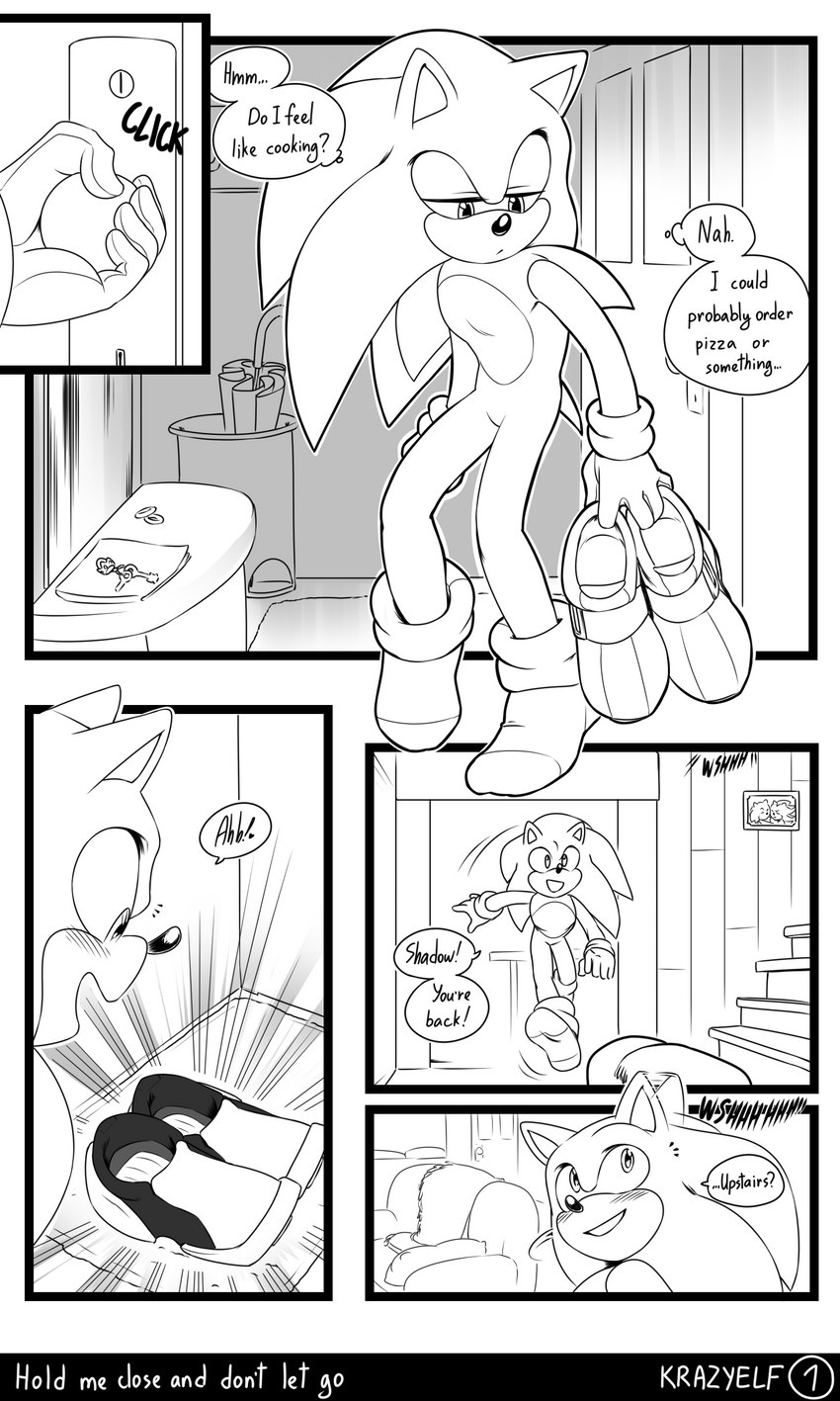 5_fingers anthro blush clothing dialogue fingers footwear gloves handwear key male open_mouth open_smile removing_shoes shoes smile socks solo sound_effects stairs standing text umbrella krazyelf sega sonic_the_hedgehog_(series) sonic_the_hedgehog eulipotyphlan hedgehog mammal 3:5 absurd_res comic english_text hi_res monochrome