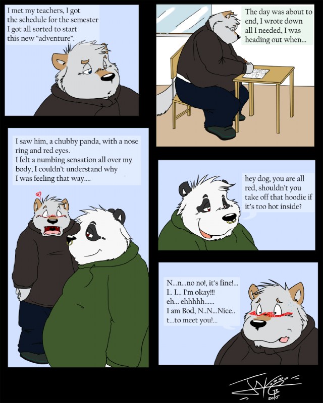 anthro blush dialogue heterochromia male male/male overweight simple_background slice_of_life tail text jakegr bod kanon bear canid canine canis domestic_dog giant_panda mammal 4:5 comic english_text hi_res