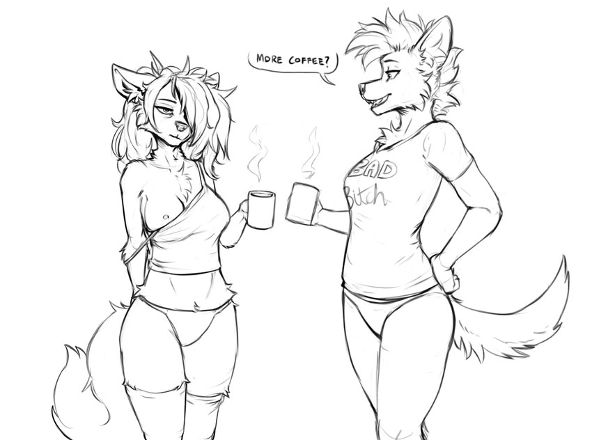 anthro areola breasts clothed clothed_anthro clothed_female clothing container cup dialogue duo exposed_breasts female fingers fur hair holding_container holding_cup holding_mug holding_object inner_ear_fluff legwear looking_at_another mug nipples one_breast_out open_mouth panties pantsless pantsless_anthro pantsless_female partially_clothed partially_clothed_anthro partially_clothed_female speech_bubble standing steam tail teeth text thigh_highs tongue topwear tuft underwear foxovh canid canine mammal 2024 digital_media_(artwork) english_text monochrome