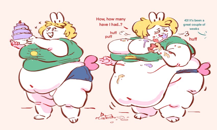 after_eating anthro belly big_belly big_breasts blonde_hair breasts cake clothed clothing dessert fat_arms fat_legs female food food_on_face fur hair holding_food holding_object huge_breasts ill-fitting_clothes messy morbidly_obese morbidly_obese_anthro morbidly_obese_female motion_lines navel obese obese_anthro obese_female offscreen_character overweight overweight_anthro overweight_female simple_background text weight_gain white_background white_body white_fur carcupholder chair_(carcupholder) lagomorph leporid mammal rabbit english_text