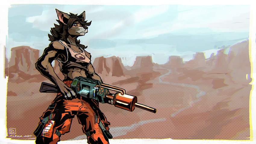 anthro bottomwear bra clothing desert energy_weapon female pants solo standing tau_cannon underwear weapon alekksandar conditional_dnp black_mesa blizzard_entertainment half-life valve warcraft canid mammal werecanid werecreature worgen 16:9 hi_res widescreen