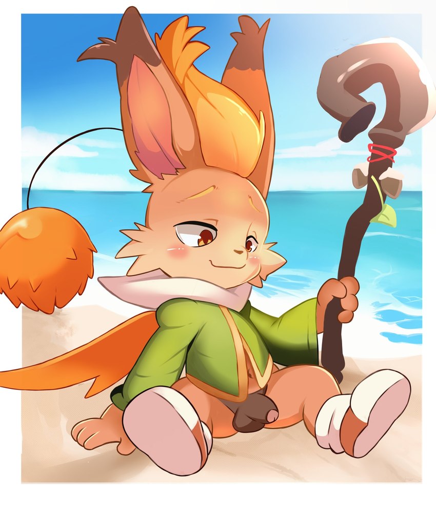 antennae_(anatomy) anthro balls beach blush bottomless clothed clothing flaccid footwear genitals male penis pom_antennae shoes smile solo staff young fieryfur final_fantasy square_enix montblanc ivalician_moogle mammal moogle hi_res