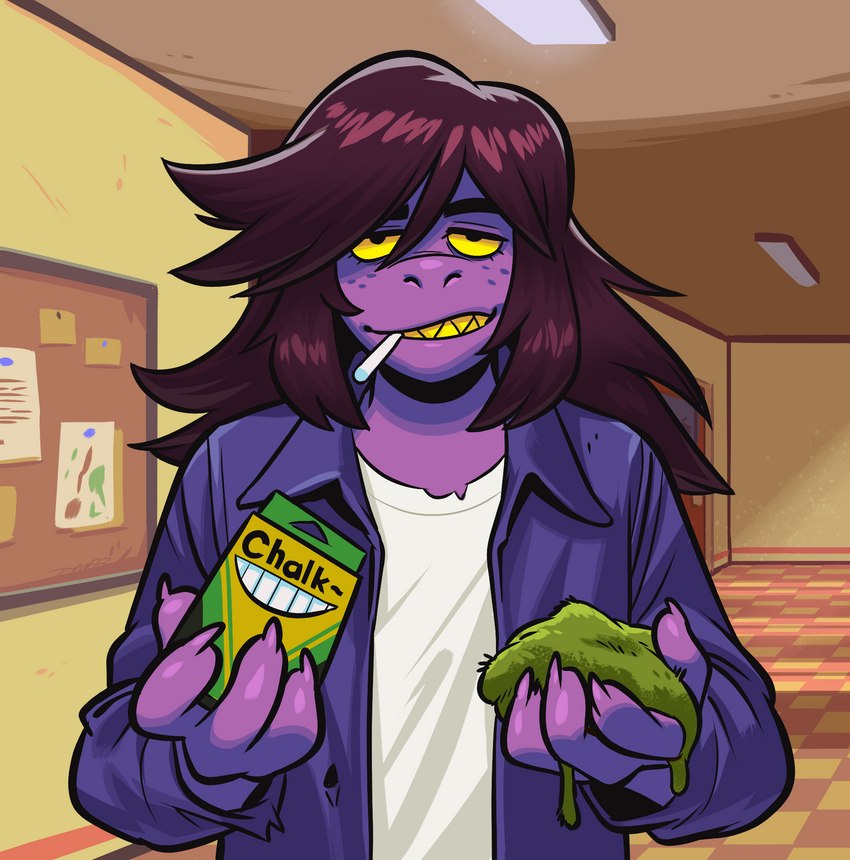 anthro brown_hair chalk claws cork_board detailed_background eating female freckles front_view hair half-closed_eyes holding_object humor inside looking_at_viewer moss narrowed_eyes object_in_mouth plant purple_body purple_scales scales sharp_teeth solo teeth yellow_sclera angusburgers deltarune undertale_(series) susie_(deltarune) willem_dafoe dinosaur prehistoric_species reptile scalie half-length_portrait hi_res meme portrait