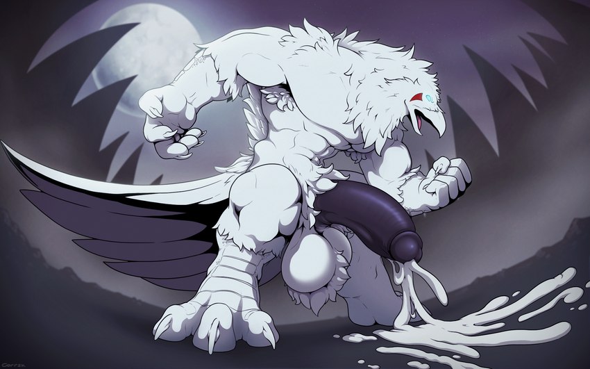 anthro armpit_hair balls barefoot beak biceps big_balls big_feet big_penis blue_eyes bodily_fluids body_hair claws cum detailed_background ejaculation facial_markings feathers feet forest genital_fluids genitals half-erect head_markings holidays huge_balls huge_penis leucistic male markings moon muscular muscular_anthro muscular_male nude outside penis plant pubes red_markings solo tree tuft white_body white_feathers corrsk halloween corrsk_(character) avian bird corvid corvus_(genus) oscine passerine raven were wereavian werebird wereraven 16:10 digital_media_(artwork) hi_res widescreen