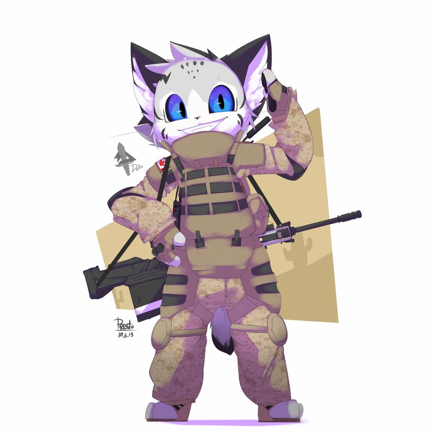 3_toes ambiguous_gender anthro armor black_ears black_markings black_pawpads black_sclera black_spots black_tail blue_eyes body_armor bottomwear bullpup_rifle cactus camo camo_bottomwear camo_clothing camo_pants camo_print canadian_flag clenched_teeth clothing cute_fangs fangs feet fingerless_gloves front_view fur furgonomics gesture gloves grey_body grey_fur grey_tail gun hand_on_hip handwear knee_pads logo looking_at_viewer magazine_(gun) maple_leaf markings military_uniform multicolored_body multicolored_fur multicolored_tail pants pattern_bottomwear pattern_clothing pattern_pants pawpads plant pose pouches pupils ranged_weapon rifle silencer simple_background smile solo spots spotted_markings standing straps striped_markings stripes tail tan_bottomwear tan_clothing tan_pants teeth text toes uniform weapon white_background white_body white_fur presto_(artist) verk_(presto) felid feline lynx mammal 1:1 2017 dated digital_media_(artwork) english_text hi_res signature male_(lore)