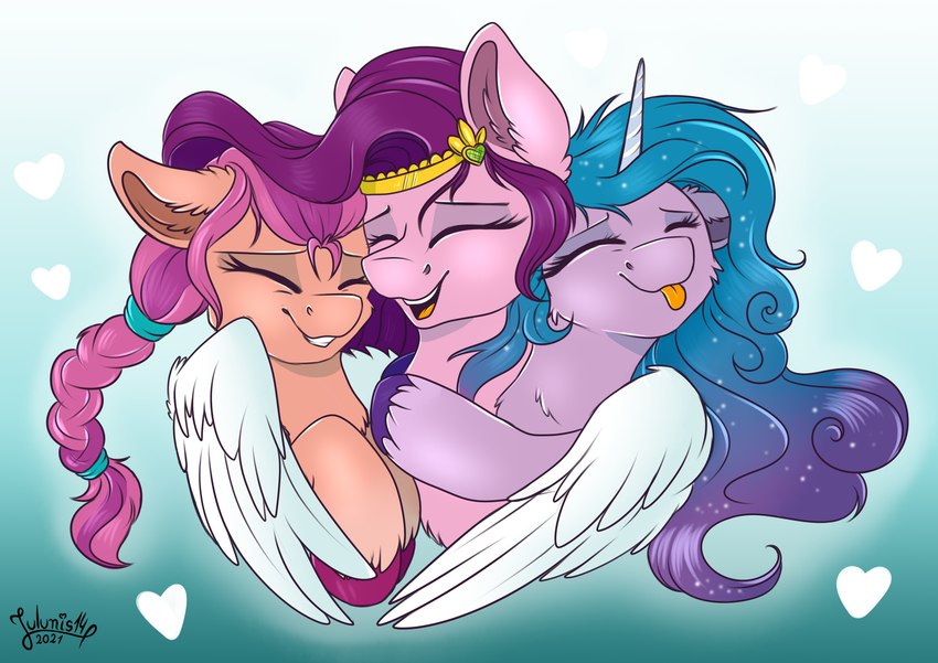 blue_hair braided_hair braided_ponytail eyes_closed feathered_wings feathers female feral fur gradient_hair group group_hug hair headpiece heart_symbol horn hug hugging_another orange_body orange_fur pink_body pink_fur ponytail purple_body purple_fur purple_hair tongue tongue_out trio white_wings wings julunis14 hasbro mlp_g5 my_little_pony mythology izzy_moonbow_(mlp) pipp_petals_(mlp) sunny_starscout_(mlp) earth_pony equid equine horse mammal mythological_creature mythological_equine pegasus pony unicorn absurd_res hi_res