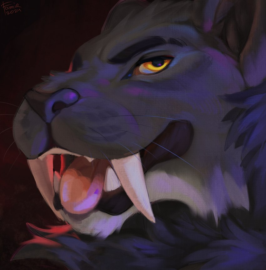 anthro big_fangs black_eyebrows black_nose cheek_tuft eyebrows facial_tuft fangs fur grey_body grey_fur looking_at_viewer male narrowed_eyes open_mouth pink_tongue sabertooth_(anatomy) solo teeth tongue tongue_out tuft whiskers yellow_eyes famir felid mammal prehistoric_species saber-toothed_tiger 2024 bust_portrait dated hi_res portrait signature