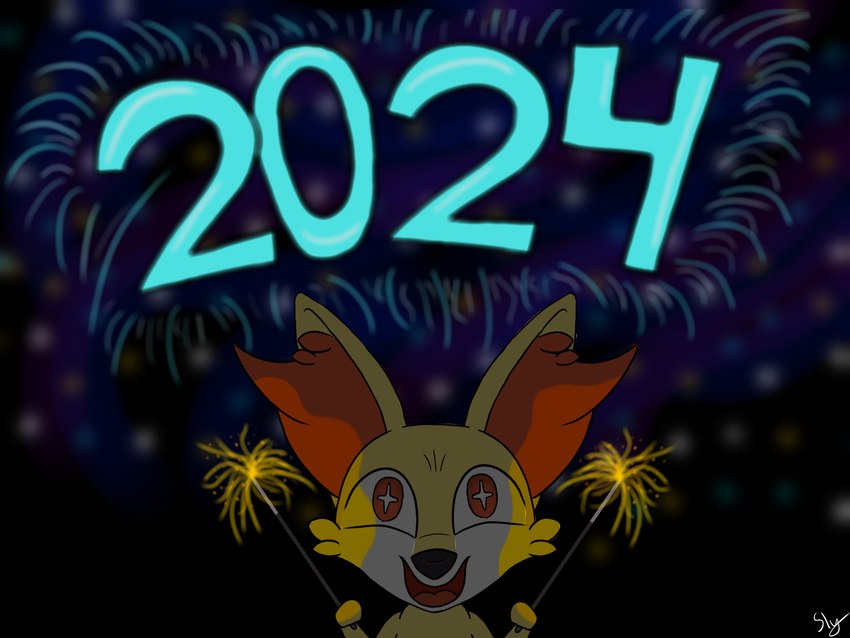 ambiguous_gender detailed_background facial_tuft feral fireworks fur holidays inner_ear_fluff light open_mouth open_smile red_body red_eyes red_fur smile solo sparkler sparkles sparkling_eyes star_pupils tuft yellow_body yellow_fur slysocx new_year new_year_2024 nintendo pokemon canid canine fennekin generation_6_pokemon mammal pokemon_(species) 2024 4:3 colored digital_media_(artwork) lighting shaded signature