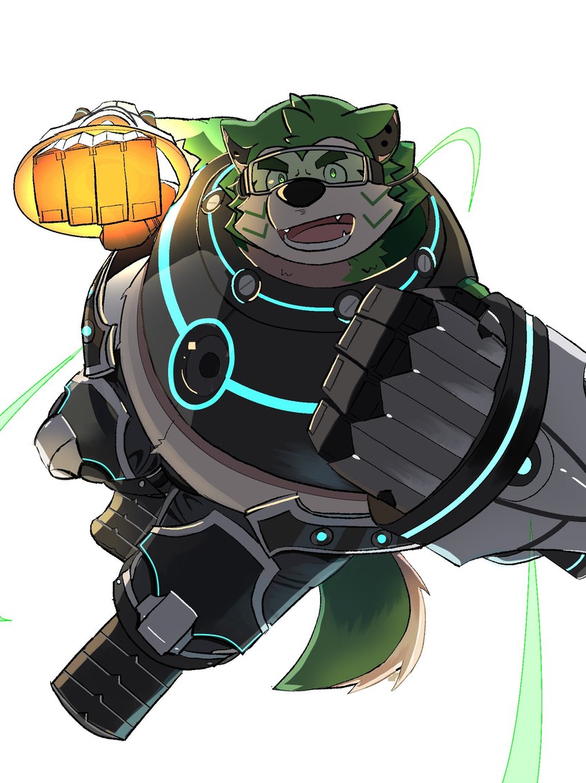 anthro armor belly clothing eyebrows eyewear fur gauntlets gloves goggles green_body green_eyes green_fur handwear male overweight punch simple_background solo superhero thick_eyebrows white_background toto3_official lifewonders live_a_hero mokdai canid canine canis domestic_dog mammal hi_res