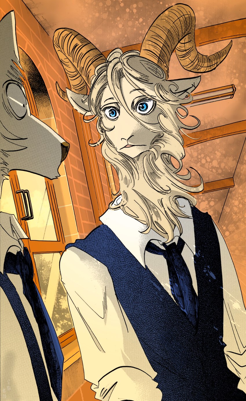 blue_eyes brick_wall clothing collar duo fur glass hair handle light long_hair looking_at_another male necktie school_uniform sunlight surprise uniform wall_(structure) white_body white_fur window yellow_body yellow_fur itagaki_paru third-party_edit xdzy111 beastars legoshi_(beastars) pina_(beastars) bovid canid canine canis caprine dall_sheep humanoid mammal sheep wolf hi_res