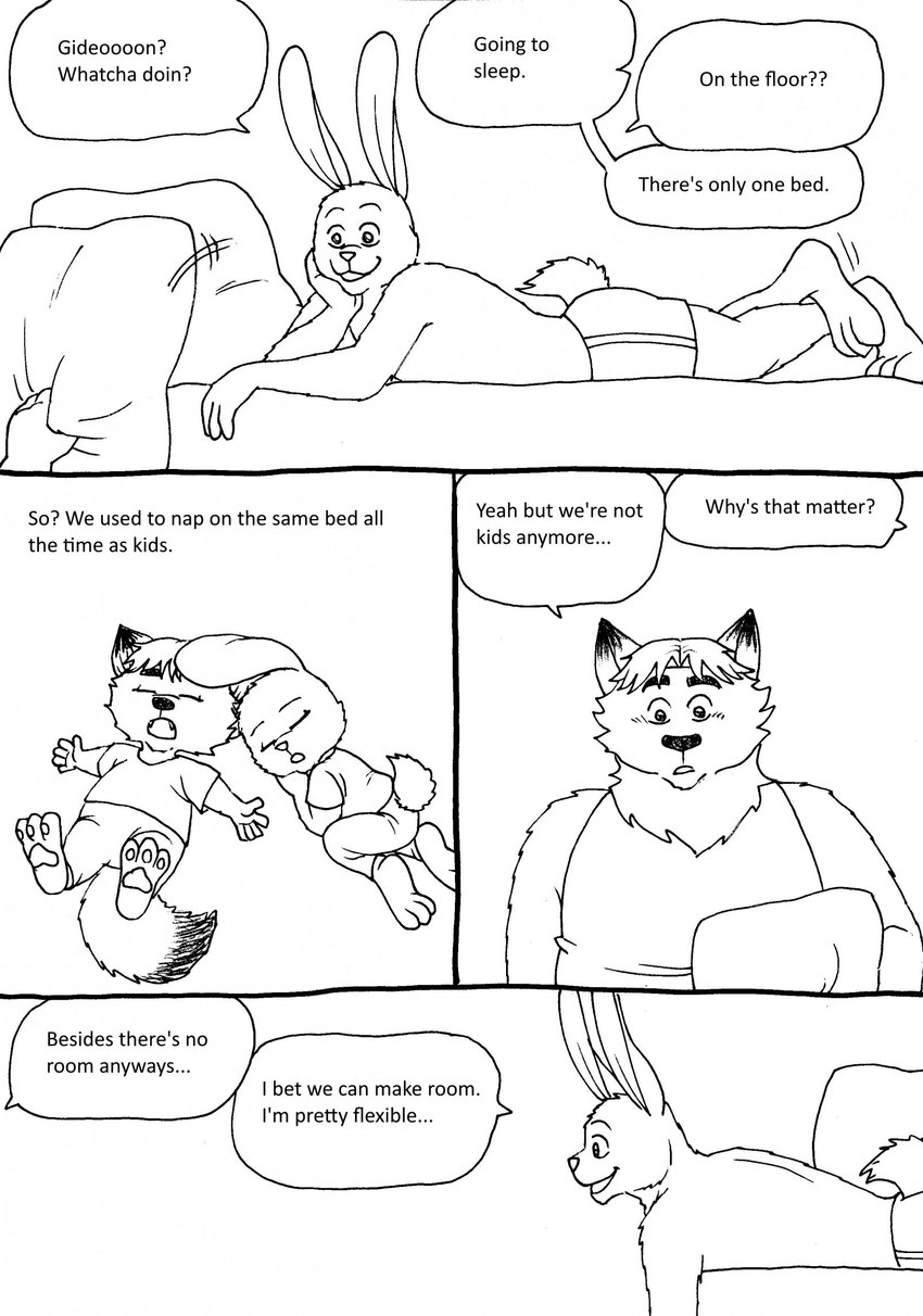 anthro base_three_layout bed clothing dialogue duo eyes_closed four_frame_image furniture humanoid_hands lying male pillow shirt sleeping slightly_chubby text three_row_layout topwear underwear young young_anthro bernielover disney zootopia fan_character gideon_grey nate_hopps canid canine fox lagomorph leporid mammal rabbit red_fox true_fox 2023 comic english_text hi_res monochrome