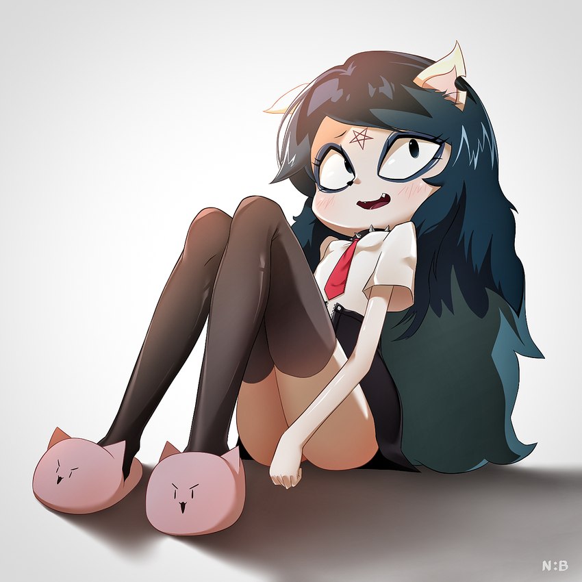 animal_slippers anthro black_bottomwear black_clothing black_legwear black_skirt blue_hair blush bottomwear breasts butt clothed clothing cute_fangs eyeshadow fangs female footwear hair legwear long_hair makeup necktie occult_symbol open_bottomwear open_clothing open_mouth open_pants open_skirt pants pentagram shoes simple_background sitting skirt slippers small_breasts solo symbol teeth unzipped unzipped_skirt upskirt white_background zipper zipper_down zipper_skirt doejigogi cartoon_hangover the_summoning claire_(the_summoning) domestic_cat felid feline felis mammal 1:1 hi_res