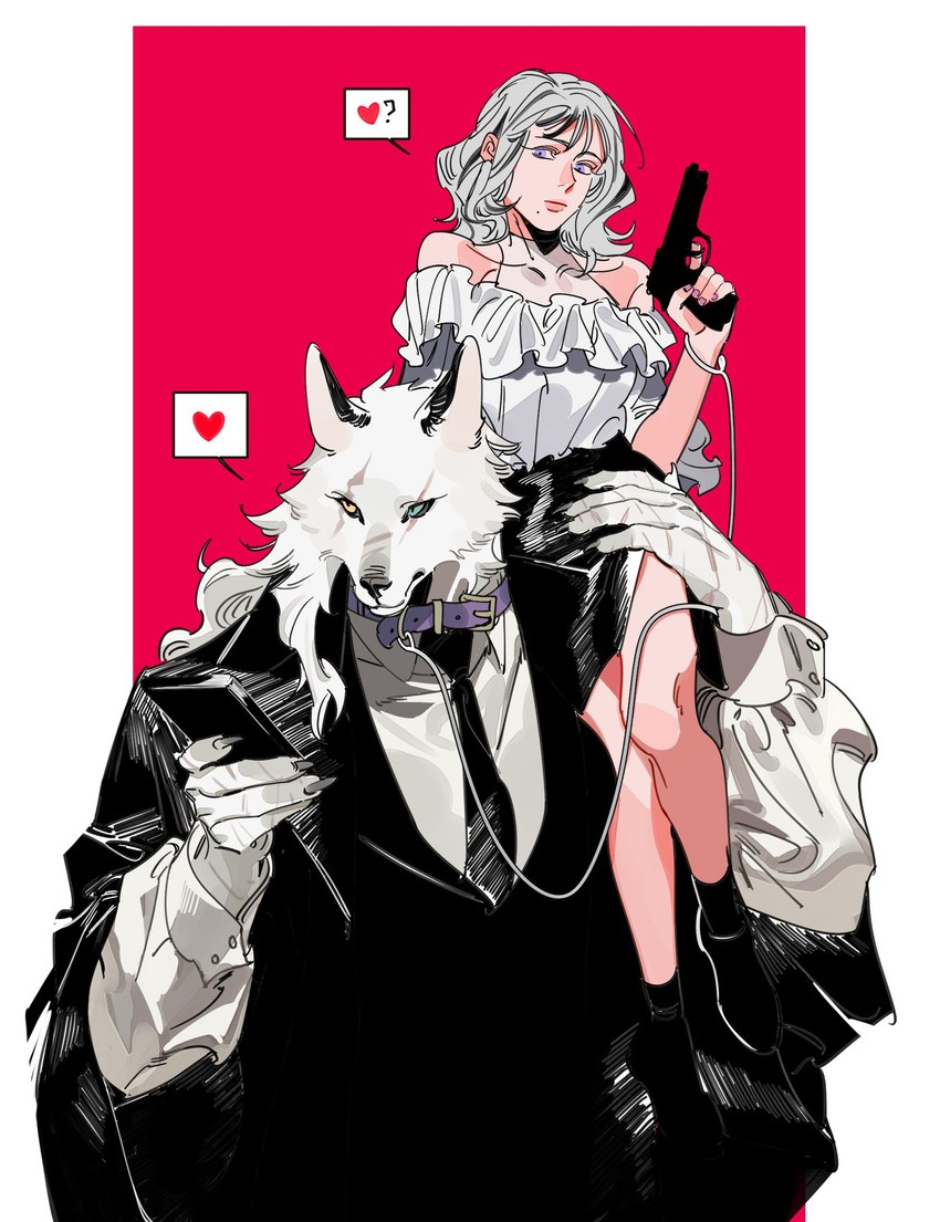 abstract_background anthro biped bottomwear clothed clothing collar duo facial_scar female fur grey_body grey_fur grey_hair gun hair handgun heart_symbol holding_gun holding_handgun holding_object holding_pistol holding_ranged_weapon holding_weapon leash leashed_collar male male/female necktie pencil_skirt pistol ranged_weapon scar sitting_on_shoulder skirt suit weapon kkron_m canid canine canis human mammal wolf hi_res