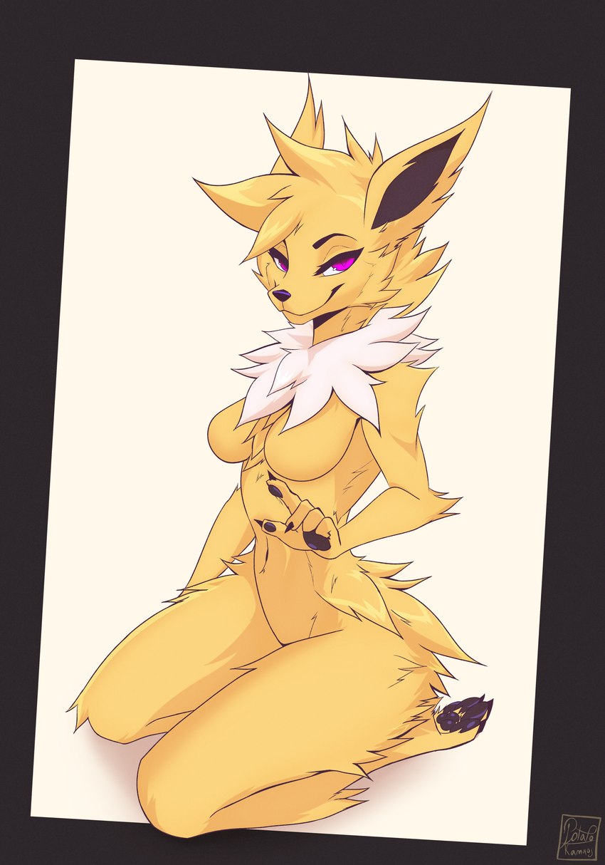 anthro anthrofied black_pawpads breasts featureless_breasts feet female fingers fur hair kneeling looking_at_viewer medium_breasts narrowed_eyes neck_tuft nude pawpads paws pokemorph purple_eyes simple_background smile soles solo toes tuft yellow_body yellow_fur potatokamaos nintendo pokemon eeveelution generation_1_pokemon jolteon mammal pokemon_(species) absurd_res hi_res