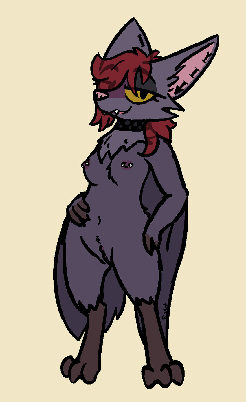 amber_eyes anthro areola barbell_piercing breasts choker choker_only claws clitoris ear_piercing eyelashes fangs female fur genitals hair jewelry looking_at_viewer membrane_(anatomy) membranous_wings navel necklace necklace_only nipple_piercing nipples nude open_mouth piercing pose presenting purple_body purple_fur purple_nipples red_hair simple_background slim small_breasts smile solo teeth tuft vulva winged_arms wings yellow_eyes bizart velika_(bizart) bat flying_fox mammal megabat 2026 aliasing digital_media_(artwork) hi_res pinup