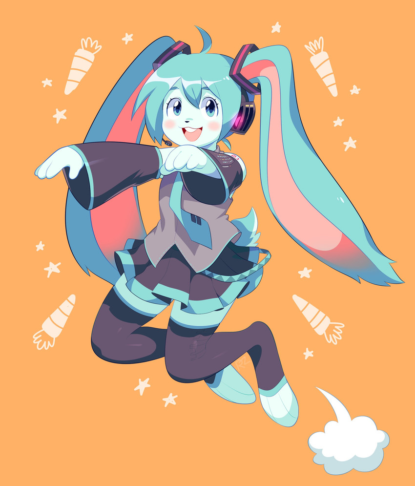 alternate_species anthro big_ears blue_eyes bottomwear clothing electronics feet female fur furgonomics furrification headphones jumping legwear open_mouth scut_tail short_tail simple_background skirt smile solo tail tail_through_skirt thigh_highs sorrysap vocaloid hatsune_miku lagomorph leporid mammal rabbit absurd_res hi_res