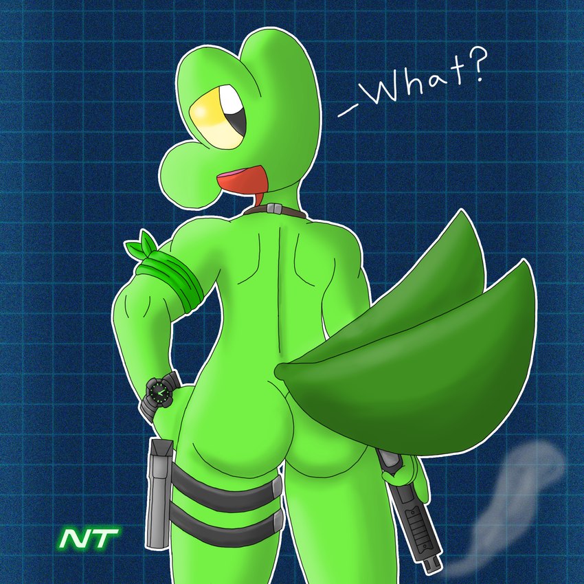 anthro armband asking asking_viewer asking_what butt clock dialogue green_body gun handgun holding_gun holding_handgun holding_object holding_pistol holding_ranged_weapon holding_weapon holster looking_at_viewer looking_back looking_back_at_viewer male nude pistol pokemorph question raised_tail ranged_weapon rear_view smoke smoking_gun solo standing tail talking_to_viewer text trigger_discipline watch weapon yellow_eyes ninjatreecko nintendo pokemon fan_character fern_shinamori gecko generation_3_pokemon lizard pokemon_(species) reptile scalie treecko 1:1 english_text hi_res