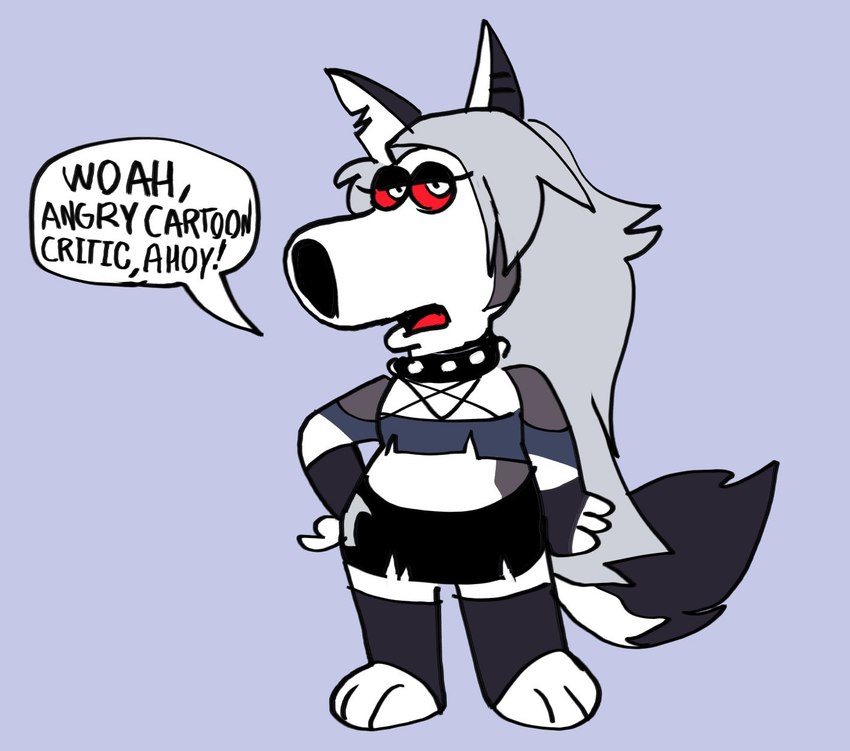 anthro bottomwear clothed clothing collar cursed_image dialogue feet female fingers fur grey_body grey_fur grey_hair hair half-closed_eyes leggings legwear long_hair looking_at_viewer multicolored_body multicolored_fur narrowed_eyes red_sclera skirt solo speech_bubble text toes topwear two_tone_body two_tone_fur white_body white_eyes white_fur galactabee family_guy helluva_boss mythology brian_griffin loona_(helluva_boss) canid canid_demon canine demon hellhound mammal mythological_canine mythological_creature english_text full-length_portrait hi_res portrait