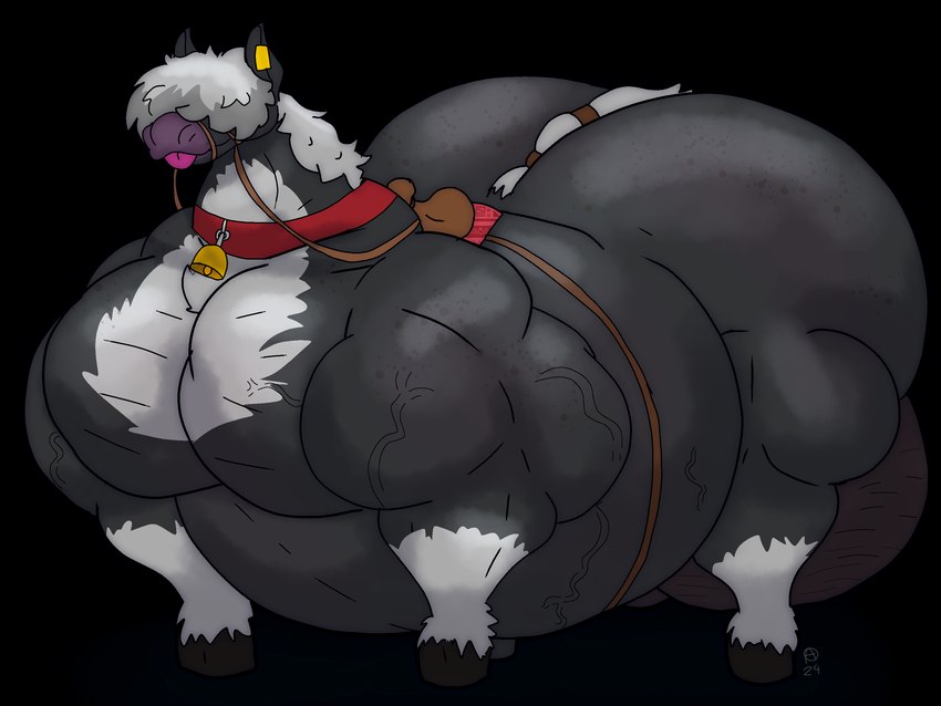 balls bell bell_collar belly big_balls big_belly big_butt big_muscles black_body black_fur butt collar feral fur genitals hair hair_over_eyes huge_balls huge_muscles hyper hyper_balls hyper_genitalia hyper_muscles male musclegut muscular reins saddle solo white_body white_fur dominogooper domino_goocat equid equine horse mammal 4:3 alpha_channel hi_res