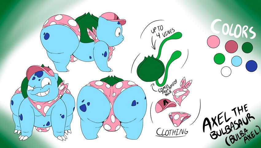 balls big_butt bulge butt clothing detailed_bulge feral front_view genitals hat headgear headwear kerchief male panties pink_clothing pink_panties pink_underwear plant polka_dot_panties rear_view side_view solo text underwear vines tepigfan101 nintendo pokemon axel_the_bulbasaur bulbasaur generation_1_pokemon pokemon_(species) 2024 absurd_res digital_media_(artwork) english_text hi_res model_sheet