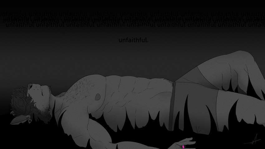 anthro briefs clothed clothed_anthro clothed_male clothing grass hair hair_over_eyes lying male nipples on_back plant side_view solo teeth text topless underwear melaisen sebstian_(melaisen) canid canine mammal 16:9 2021 4k absurd_res dark_theme digital_drawing_(artwork) digital_media_(artwork) english_text greyscale hi_res monochrome spot_color widescreen