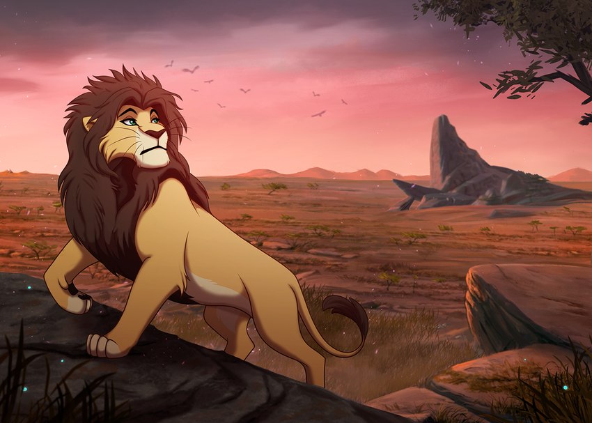 black_mane cloud feral grass green_eyes landscape looking_back male mane mountain plant pride_lands pride_rock proud savanna serious_face solo sunset tree walking wind grimhild_(artist) disney the_lion_king kodiak_(kodiak079) avian bird felid lion mammal pantherine