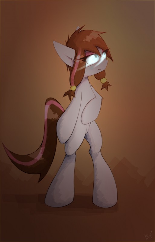 brown_background brown_hair eyelashes featureless_crotch female feral fur grey_body grey_fur hair hooves simple_background smile solo queenbloodysky hasbro my_little_pony fan_character equid mammal hi_res