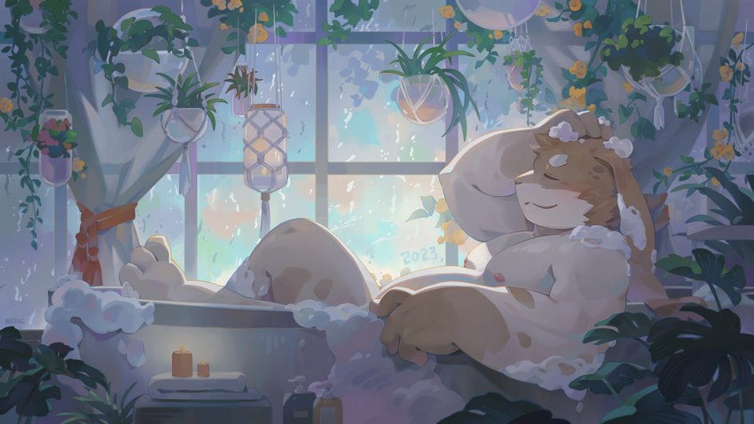 anthro bathing bathtub belly brown_body detailed_background eyes_closed inside kemono male moobs nipples overweight overweight_male solo seamonsterping lagomorph leporid mammal rabbit 2023 absurd_res hi_res