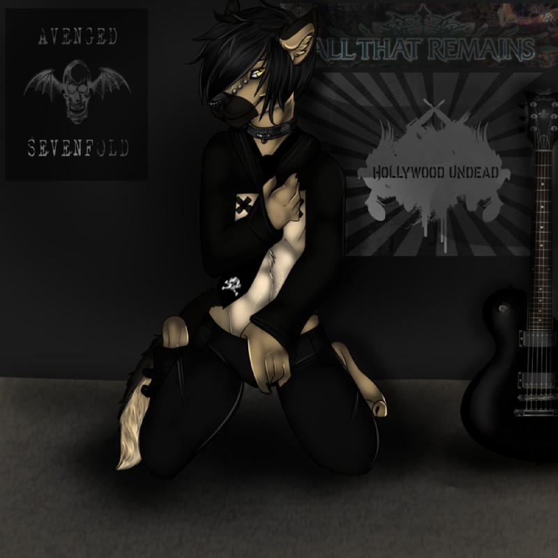 alternative_fashion black_hair bone claws collar dark emo facial_piercing furgonomics furry-specific_piercing guitar hair hand_in_pants kneeling looking_at_viewer male music musical_instrument muzzle_piercing navel necktie nipple_tape nose_piercing pasties piercing plucked_string_instrument poster punk skull skull_and_crossbones smile solo string_instrument suggestive tape text yellow_eyes laara all_that_remains avenged_sevenfold hollywood_undead luke_reinhard canid canine canis domestic_dog german_shepherd herding_dog mammal pastoral_dog 1:1 2012 english_text