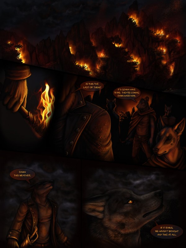 anthro clothed clothing cloud dialogue fire fully_clothed group male outside overcast sky speech_bubble text myenia rukis red_lantern luther_denholme canid canine canis domestic_dog mammal wolf 3:4 comic english_text restricted_palette