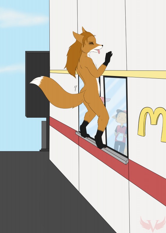 :i anthro being_watched clothed clothing dipstick_tail duo genitals hair improvised_sex_toy knot long_hair looking_at_another male markings multicolored_tail nude penis public public_nudity scar sex solo_focus tail tail_markings uniform what window badwing mcdonald's d_kenmason canid canine fox mammal red_fox true_fox absurd_res hi_res