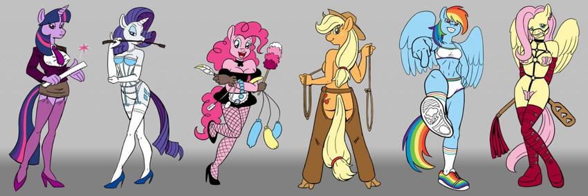 anthro boots breasts clothing cutie_mark dominatrix female footwear gloves group handwear high_heeled_boots high_heels horn legwear riding_crop shoes thigh_boots thigh_highs whip wings carelessdoodler friendship_is_magic hasbro my_little_pony mythology applejack_(mlp) fluttershy_(mlp) mane_six_(mlp) pinkie_pie_(mlp) rainbow_dash_(mlp) rarity_(mlp) twilight_sparkle_(mlp) equid equine mammal mythological_creature mythological_equine pegasus unicorn