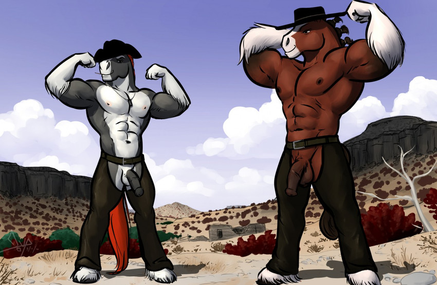 abs anatomically_correct anatomically_correct_genitalia anatomically_correct_penis animal_genitalia animal_penis anthro balls biceps blue_sky brown_balls brown_body brown_fur brown_mane brown_penis brown_tail chaps clothed clothing cloud cowboy_hat day dead_tree desert detailed_background dog_tags duo equine_genitalia equine_penis feathering flaccid flexing fur genitals grey_body grey_fur grey_penis hat headgear headwear hooves male male/male mane medial_ring multicolored_body multicolored_fur muscular muscular_male navel nipples outside pecs penis plant red_tail shrub sky smile smirk standing tail tree two_tone_body two_tone_fur white_balls white_body white_fur wild_west bgn jodira rannik clydesdale draft_horse equid equine horse mammal 2017 digital_media_(artwork)