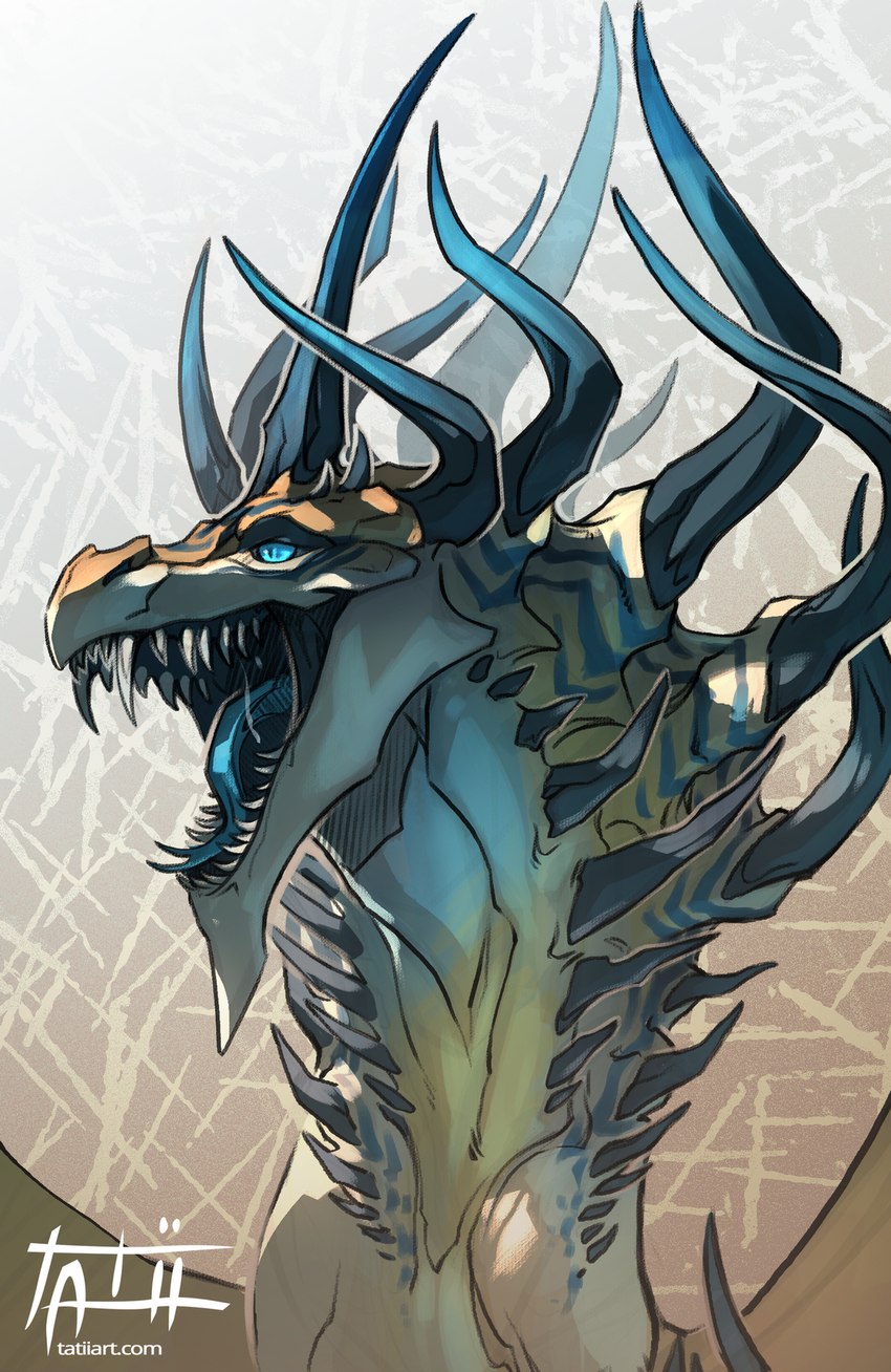 big_spikes blue_eyes blue_tongue head_spikes horn looking_away neck_spikes open_mouth shadow simple_background solo spikes spikes_(anatomy) spread_wings spreading teeth teeth_showing text tongue tongue_out wings tatiilange mythology dragon mythological_creature mythological_scalie scalie 2020 digital_media_(artwork) headshot_portrait hi_res portrait url