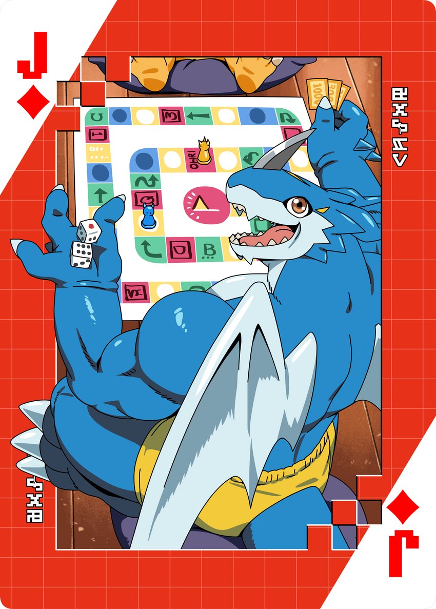 anthro blue_body board_game bottomwear card clothing d6 dice digimoji holding_dice jack_of_diamonds male muscular muscular_anthro muscular_male playing_card red_eyes shorts solo suit_symbol wings roaringmoon bandai_namco digimon digimon_(species) exveemon hi_res