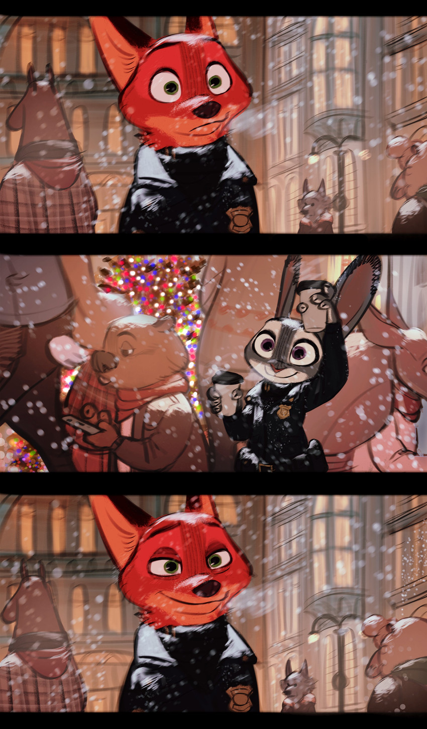 anthro beverage blockage_(layout) closed_smile clothing coat coffee container cup duo expressionless female happy holding_container holding_cup holding_object male male/female mouth_closed outside police police_uniform public smile snow snowing solo_focus standing street surprised three_frame_image three_row_layout topwear uniform walking winter carrot_berry217 disney zootopia judy_hopps nick_wilde canid canine european_rabbit fox lagomorph leporid mammal oryctolagus rabbit red_fox true_fox absurd_res comic hi_res
