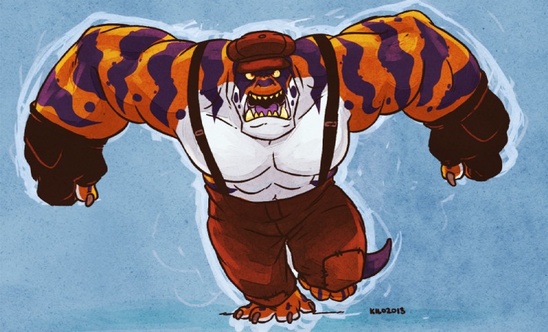 4_toes abs angry anthro barefoot beret biceps big_muscles biped blue_background bottomwear claws clothed clothing fangs feet fingerless_gloves front_view gloves grey_claws handwear hat headgear headwear looking_at_viewer male muscular muscular_anthro muscular_male open_mouth orange_body pants pecs purple_body purple_stripes purple_tail purple_tongue red_eyes simple_background solo standing striped_body stripes suspenders tail teeth toe_claws toes tongue topless white_body yellow_sclera kilojara monster 2013 signature