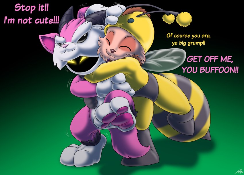 angry animal_costume anthro bee_costume biped black_background black_clothing clothed clothing costume dialogue duo eyes_closed frustrated gradient_background green_background hug male one_leg_up pink_clothing pink_text raised_leg simple_background smile teasing text toony wings yellow_clothing yellow_text catmonkshiro league_of_legends riot_games tencent furyhorn_cosplay_veigar teemo_(lol) veigar mammal yordle 2022 digital_media_(artwork) english_text hi_res