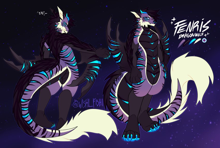 anthro black_body black_fur black_hair blue_markings blue_paws fur hair male markings purple_body purple_eyes purple_fur solo tail wishi_fishi mythology fenrisloxias canid canine canis dragon hybrid mammal mythological_creature mythological_scalie scalie wolf absurd_res hi_res