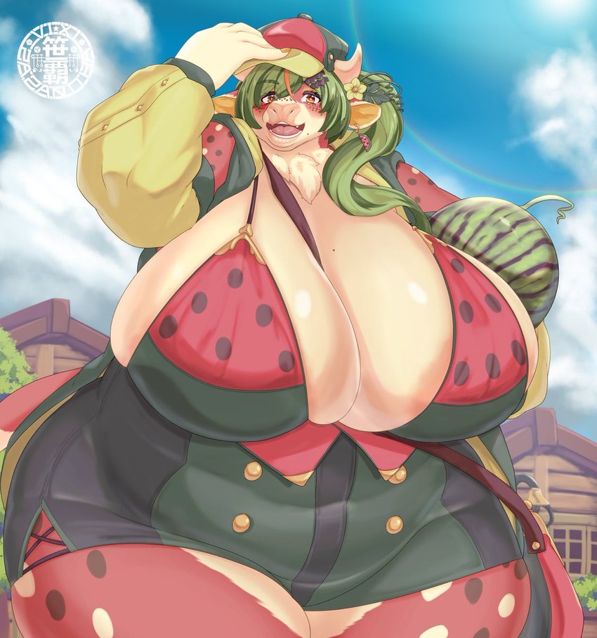 anthro areola areola_slip belly between_breasts big_breasts blush breasts building clothing cloud curvy_figure day female food fruit green_clothing green_hair hair holding_food holding_fruit holding_melon holding_object holding_watermelon horn house huge_breasts hyper hyper_breasts logo looking_at_viewer melon open_mouth outside overweight overweight_female plant sky smile solo tail thick_thighs voluptuous watermelon watermelon_print white_horn wide_hips sasanoha6011 bovid bovine cattle mammal artist_logo hi_res