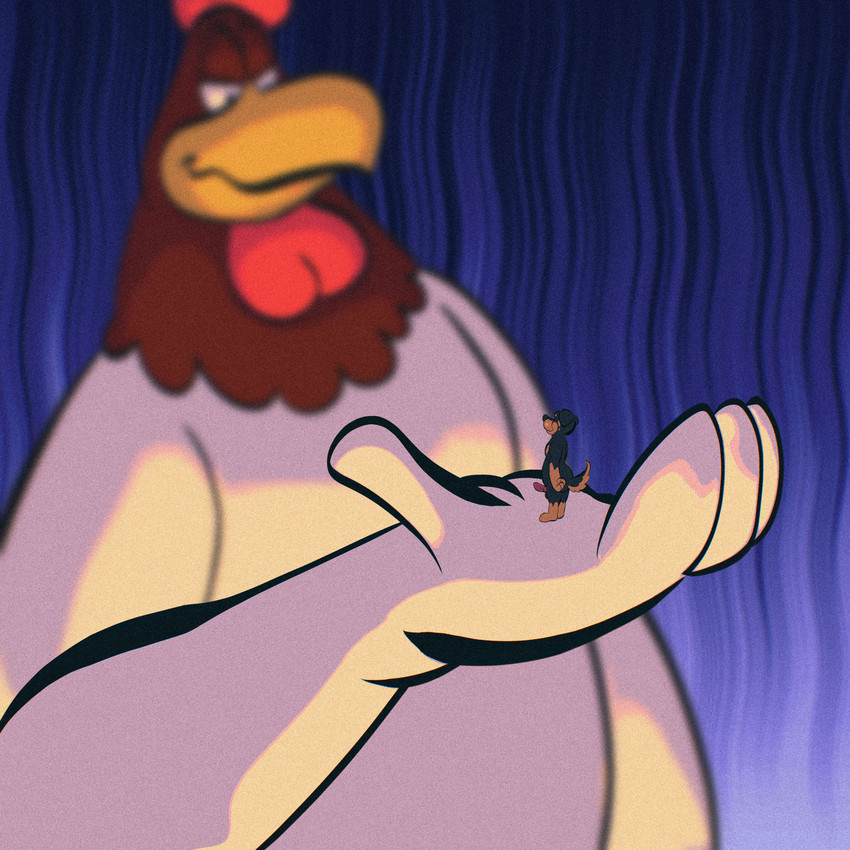 anthro beak black_body black_fur brown_body brown_fur duo extreme_size_difference feathers fur genitals macro male male/male micro penis red_body red_feathers size_difference smile white_body white_feathers joesanchez looney_tunes warner_brothers foghorn_leghorn gunner_rotthbauer avian bird canid canine canis chicken domestic_dog galliform mammal mastiff molosser phasianid rottweiler 1:1 digital_media_(artwork) hi_res