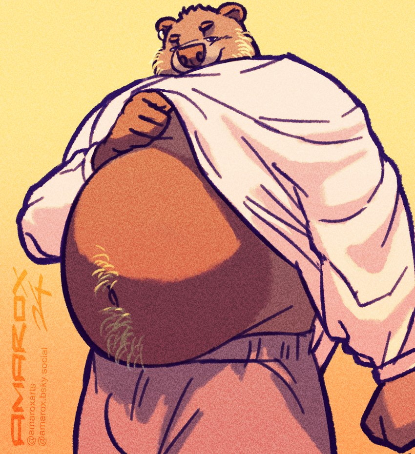 anthro beard belly big_belly clothed clothing clothing_lift ear_piercing facial_hair jogging_pants looking_at_viewer male piercing presenting_belly smile solo standing sweater topwear amarox ewan_(amarox) bear brown_bear grizzly_bear mammal ursine digital_drawing_(artwork) digital_media_(artwork)