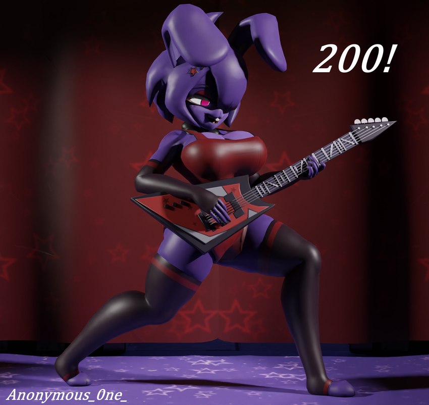 anthro big_breasts breasts buckteeth clothed clothing crossgender female guitar legwear mtf_crossgender musical_instrument pink_eyes playing_guitar playing_music plucked_string_instrument solo string_instrument teeth thigh_highs anonymous_0ne five_nights_at_freddy's fredina's_nightclub scottgames bonnie_(cally3d) bonnie_(fnaf) lagomorph leporid mammal rabbit 2023 3d_(artwork) digital_media_(artwork) hi_res