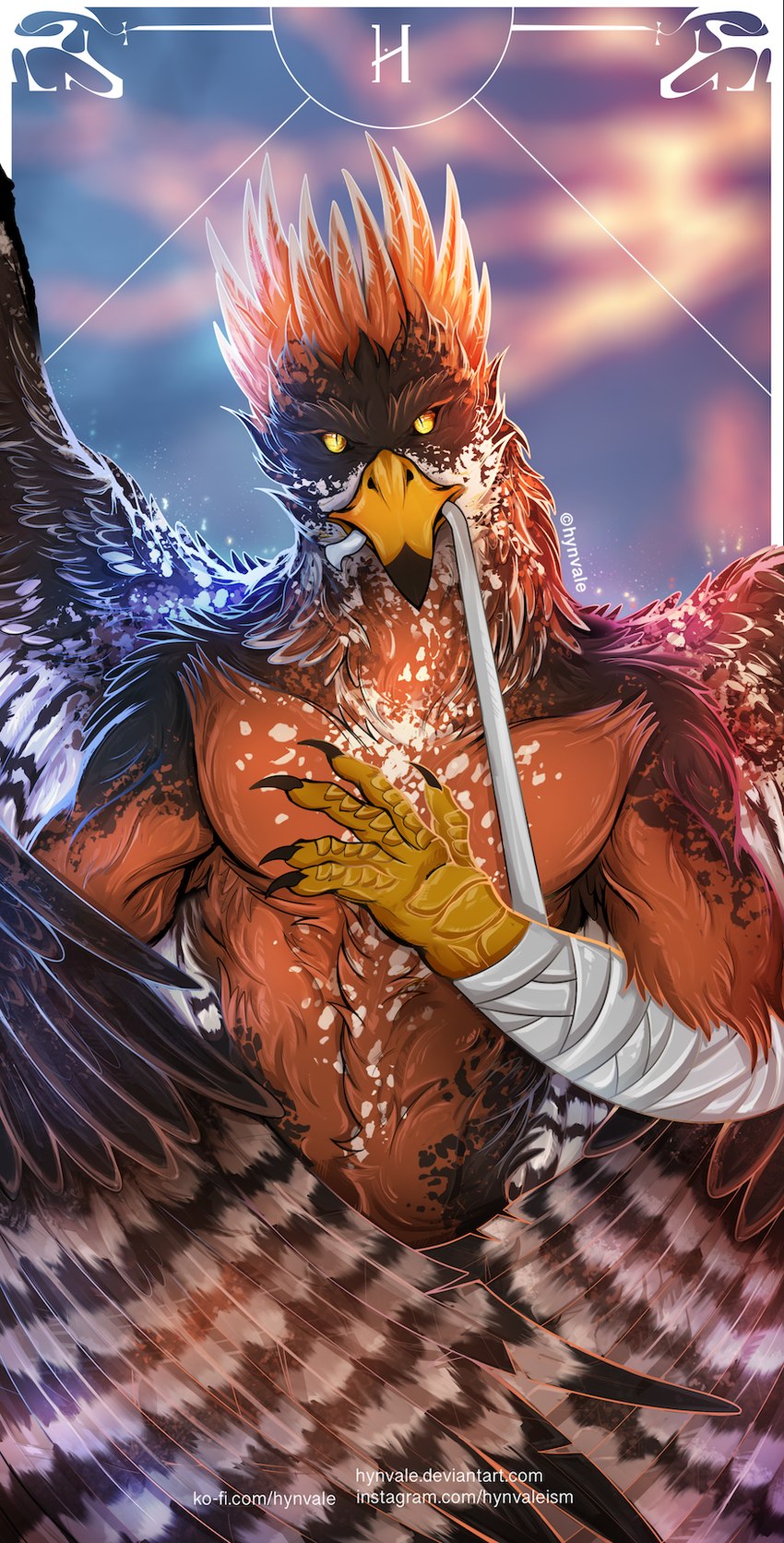 abstract_background angry anthro bandage bandaged_arm bandaged_hand beak biceps blue_eyes blurred_background brown_body claws clothing dark_body feathered_wings feathers feet hair horror_(theme) legwear long_ears long_hair looking_at_viewer male male_anthro muscular muscular_anthro muscular_male muscular_thighs nature nature_background pose scary simple_background smile smirk solo talons tan_body thigh_highs toes wide_chest wings hynvale lukasz_(lukka9090) avian shifter hi_res