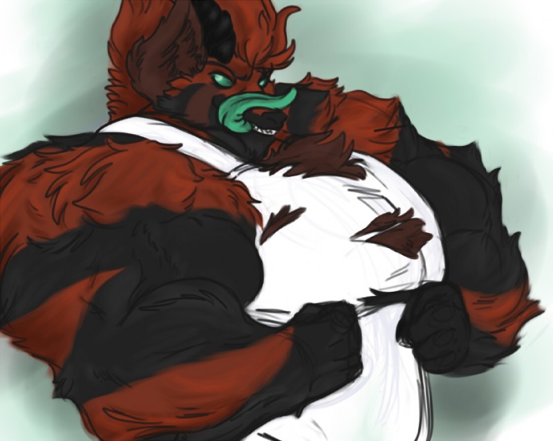 anthro big_muscles clothing flexing fur hair huge_muscles hyper hyper_muscles looking_at_viewer male muscular muscular_anthro muscular_male smile solo teeth tongue tongue_out torn_clothing waltz canid canine mammal sketch