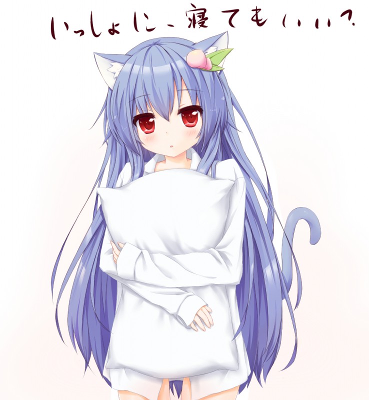 accessory blue_hair blush cat_tail clothing female food fruit hair hair_accessory hug hugging_object hugging_pillow long_hair long_sleeves looking_at_viewer peach_(fruit) pillow plant red_eyes shirt simple_background solo topwear white_background plhsxf touhou tenshi_hinanawi animal_humanoid cat_humanoid felid felid_humanoid feline feline_humanoid humanoid mammal mammal_humanoid hi_res