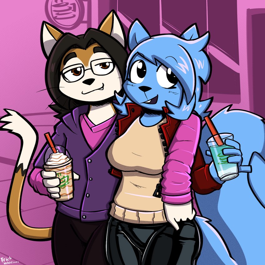 5_fingers anthro anthro_on_anthro arm_around_another beverage big_breasts black_body black_bottomwear black_clothing black_eyes black_fur black_hair black_nose black_pants blue_body blue_eyes blue_fur blue_hair bottomwear breasts brown_body brown_fur buckteeth clothed clothing countershading cute_fangs dipstick_tail duo female fingers fluffy fluffy_tail fully_clothed fur hair holding_beverage holding_object holding_smoothie interspecies jacket latex latex_bottomwear latex_clothing latex_pants looking_at_viewer looking_away looking_up male male/female markings open_clothing open_jacket open_mouth open_topwear outside pants pink_clothing pink_jacket pink_shirt pink_topwear pupils purple_clothing purple_jacket purple_topwear red_clothing red_eyes red_jacket red_topwear romantic romantic_couple shirt smile smirk tail tail_markings tan_clothing tan_shirt tan_topwear teeth topwear white_body white_fur white_inner_ear white_tail_tip felino lettuce_(latexia) peter_(felino) domestic_cat felid feline felis mammal rodent sciurid tree_squirrel 1:1 2022 hi_res