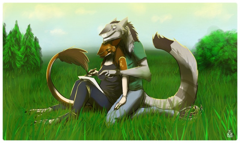 anthro border cloud detailed_background duo eyes_closed female happy heart_symbol love male outside plant romantic romantic_ambiance romantic_couple sky smile summer sun tail tree white_border wood dantalian_letrou mammal sergal alex_(disambiguation) 2012 hi_res